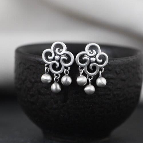 Langyan 925 Sterling Silver Flower Stud Earrings Women 2021 Trend Jewelry Vintage Thai Silver Tassel Beads Small Earrings EH002