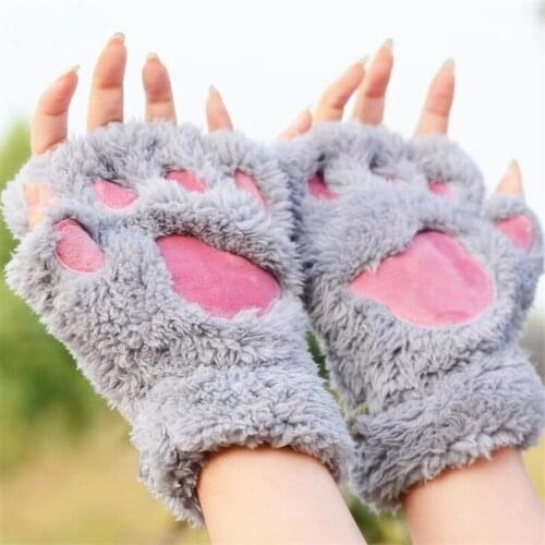 Women Cute Cat Claw Paw Plush Mittens Warm Soft Plush Short Fingerless Fluffy Bear Cat Gloves Costume Half Finger Black Beige