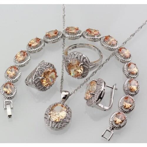 Champagne Cubic Zirconia Vintage Jewelry Sets Silver Color Clip Earrings/Pendant/Bracelet And Ring Sets For Women Gift