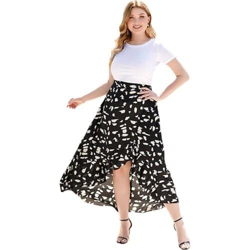 Lactic 2021 Summer New Style High-Waisted Bohemian Skirt With Floral Ruffled Front And Back Length