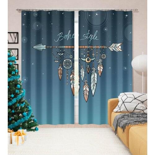 3D Printing Feather Retro Geometric Pattern Bedroom Living Room Curtain Custom Curtain Suit Bedroom with Hook Accessories