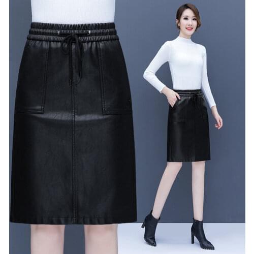 2021 Women PU Leather Skirts A Line High Waist Solid Straight Elegant Skirt Mid Length Leather Dresses for Ladies Autumn H1011