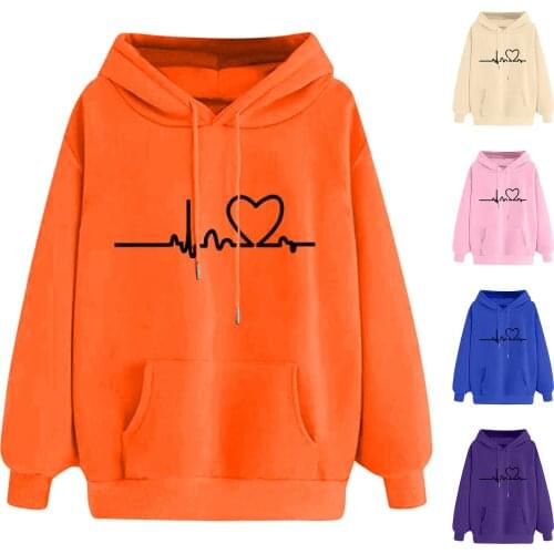 New Women Sweatshirt Hoody Ladies Hooded Heartbeat Printed Casual Pullovers Girls Long Sleeve Autumn Winter Clothes Plus Size