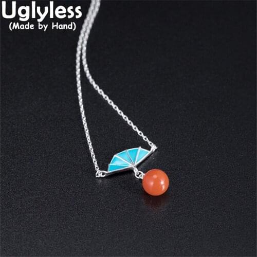 Uglyless Natural Pumpkin Agate Chokers Necklaces for Women 925 Silver Folding Fans Pendants Necklaces Gemstones Bijoux + Chains