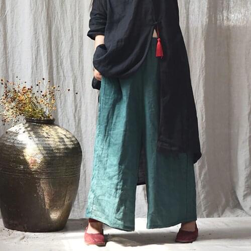 Johnature High Quality Women Ramie Wide Leg Pants Loose Elastic Waist Solid Color 2021 New Summer Casual Female Pants