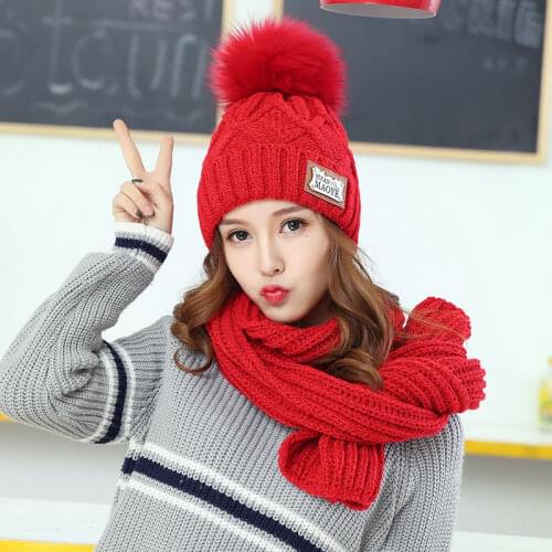 2020 Windproof Fashion Thick Warm Women Winter Hat And Scarf Set Grey Pink Black Auburn Red Cap Hats Scarves Accessories