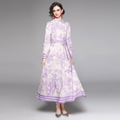 Fashion Autumn Spring Runway Long Party Dress Woman Long Sleeve Floral Print Holiday Beach Maxi Dress with Belt k7740
