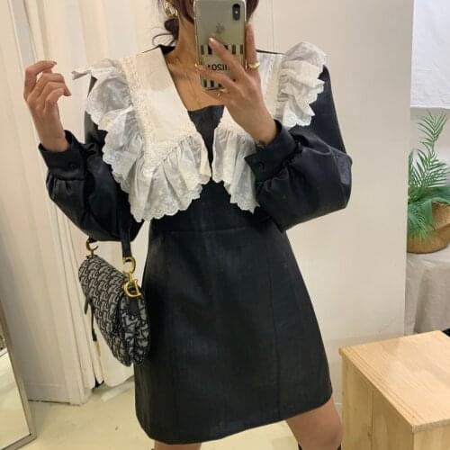 2021 Korean Style Women Autumn O Neck Ladies Sexy Lace Patchwork Mini Dress Elegant Fashion Long Puff Sleeve Party Dresses