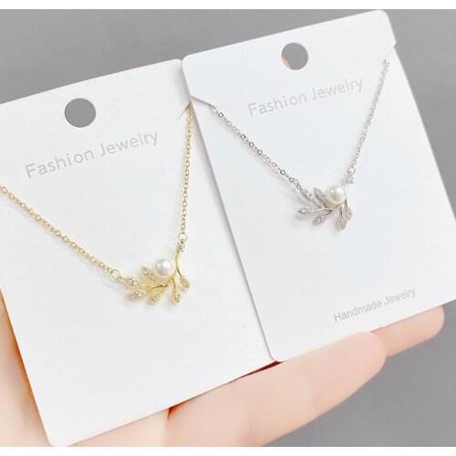 Korean Trendy Simple Sweet Shiny Zircon Pearl Leaf Pendant Necklace For Women Temperament Elegant Jewelry Gifts Clavicle Chain
