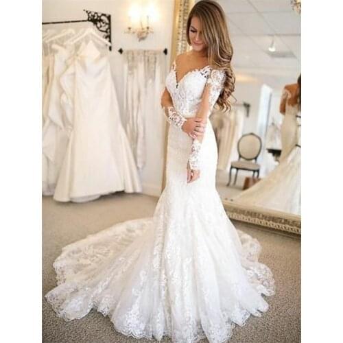 2020 mermaid Wedding Dresses Long Sleeves trouwjurk Lace Bride Wedding Gowns Train Wedding Gowns Custom Made robe mariage