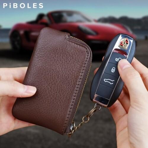 100% Genuine Leather Card Wallet Handmade Cowhide Storage Money Bag Credit Card Holder Coin Zipper Pocket With Keychain