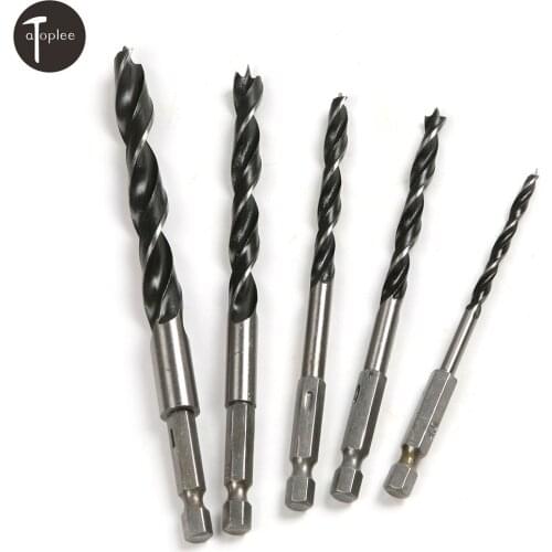 5PCS 1/4 Hex Shank 3-Tip 4mm, 5mm, 6mm, 8mm, 10mm Woodworking Drilling Tools High Carbon Stee Dowel Twist Drill Bit