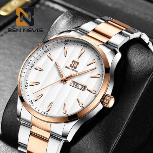 2021 Mens Watch Quartz BENNEVIS Top Brand Luxury Watch Mens Fashion Stainless Steel Strap Waterproof Calendar Luminous Watches