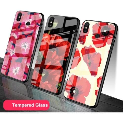 Red Poppies flowers pattern Tempered Glass Phone Case For Redmi Note 5 6 7 8 9 Pro Note8T Note9S Redmi8 9 Cover Shell
