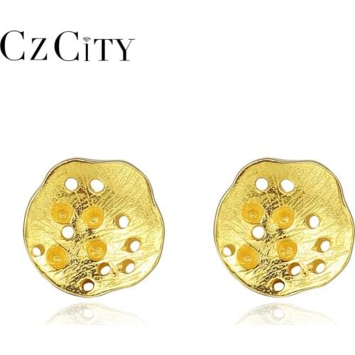 CZCITY Design Unique 18K Gold Plated Genuine 925 Sterling Silver Lotus leaf Stud Earrings for Women Fashion Fine Jewelry Brincos