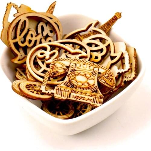 Wooden Motorcycle Tower Phone Love word Pattern Scrapbooking Craft Handmade Accessory Home Decoration DIY 35-50mm 16pcs MZ255