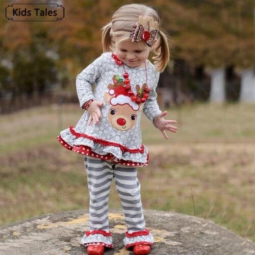 ST407 New Autumn Winter Childrens Clothes with Deer Print Christmas Suit for Little Baby Girls 2Pcs Childrens Costumes