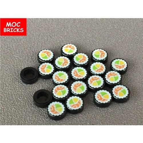 10pcs/lot MOC Bricks Tile, Round 1 x 1 with Sushi Salmon Maki Roll Pattern fit with 98138pb038 Building Blocks DIY Toys gift