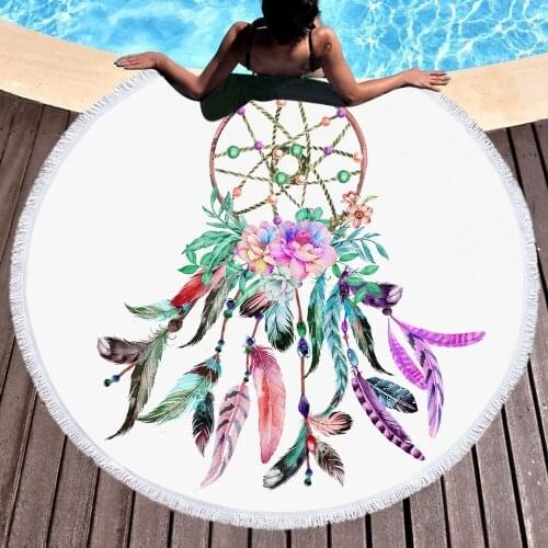Fashion Dreamcatcher Catch The Dream Round Beach Towel With Tassels Microfiber 150cm Picnic Blanket Mat Tapestry