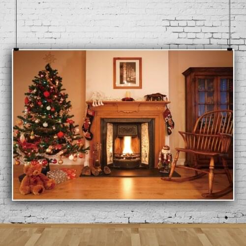 Laeacco Fireplace Christmas Festival Tree Burning Flame Interior Scene Background Brown Floor Baby Photography Photo Backdrops