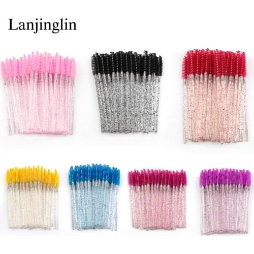 LANJINGLIN 5/50 Pcs/Pack Disposable Crystal Eyelash Makeup Brush Diamond Handle Mascara Wands Eyelashes Brush Extension Tools
