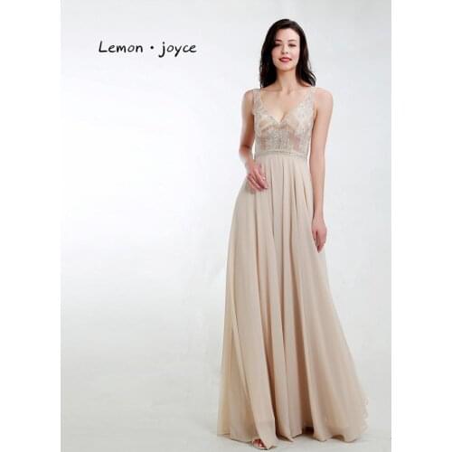 Lemon joyce Formal Evening Dresses 2020 Sexy V-neck Sleeveless Beading Backless Prom Party Gowns Plus Size
