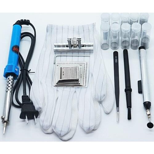 Mini BGA Reballing Station 29Pcs Directly Heated Stencil Holder Fixture Template Kit Electric soldering Iron ESD anti-slip glove