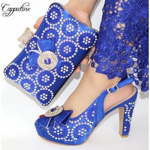 Capputine Nigerian Style Woman High Heels Shoes And Bags Set 2019 New African Spike Heels Pumps Shoes And Bag Set For Party
