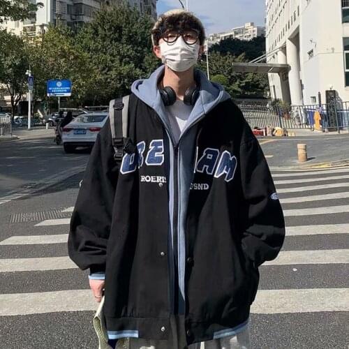 2021 autumn new mens fashion fake two letter Baseball Jacket couple Hooded Jacket winter military jackets modis stone islande