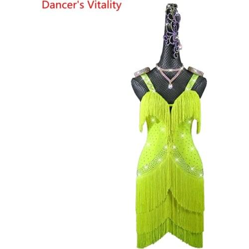 Latin Dance Competition Clothes Sexy Sling Tassel Dress High-end Custom Female Adult Childrens Clothing Professional Dance Wear