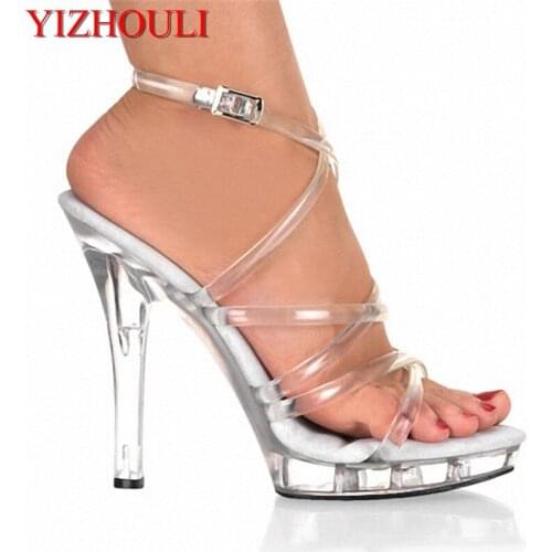 13 cm sexy ultra high heeled sandals, performance show transparent crystal shoes, brides fashion stage shoes