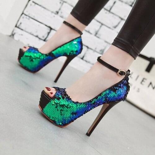 Sexy And Spicy Sequin Fish Mouth Waterproof Platform Stiletto Super High Heel 13.5cm Ankle Strap Buckle Womens Shoes For Party
