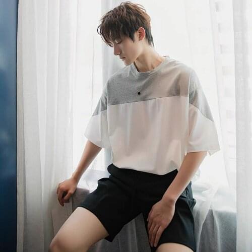 Patchwork Hit Color Casual Funny Cotton Men Tshirt Hong Kong Style Youth Cool Harajuku Clothes Summer All-Match Hip Hop Kpop Top