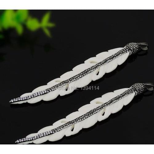 Carved Ox Bone Pave CZ Leaf Pendant Black Gun Plated Bail Approx 100*20 mm