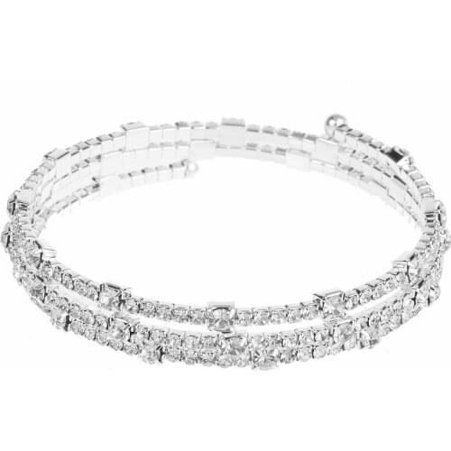 Three Rows Rhinestone Inlaid Bracelet Double Layers Open Cuff Adjustable Stretch Bracelet for Best Friends Sisters LL@17