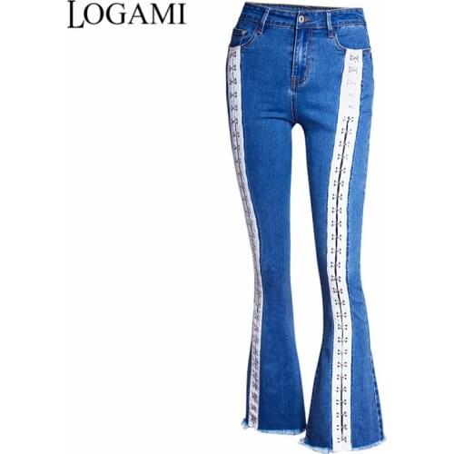 LOGAMI Spring Autumn Lacing Flare Jeans Woman Casual Denim Jeans Womens Denim Trousers Women 2018