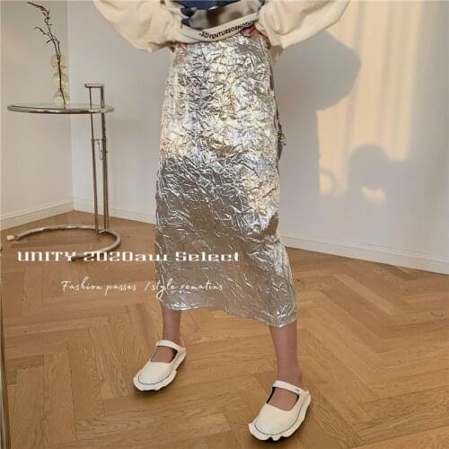Streetwear Fashion Womens 2021 Summer Temperament Skirt High Waist Pleated Silver A-line Skirts