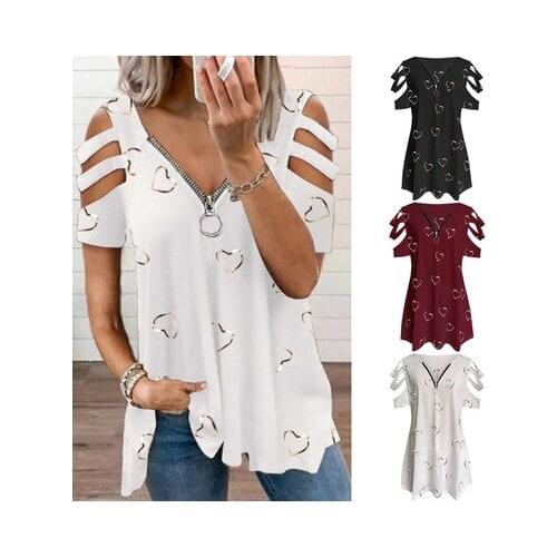 2021 Womens Fashion Summer Clothes Deep V-Neck Zipper Shirts Short Sleeve Off Shoulder Tops Pullover Loose Plus Size Blouses