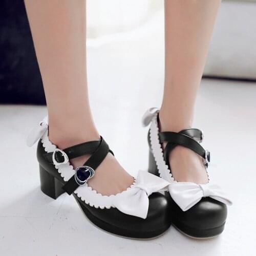 US4-11 Womens Lolita Mid Heel Round Toe Bowknot Straps Kawaii Cosplay Shoes 3colors Plus Size Belt Buckle SONDR