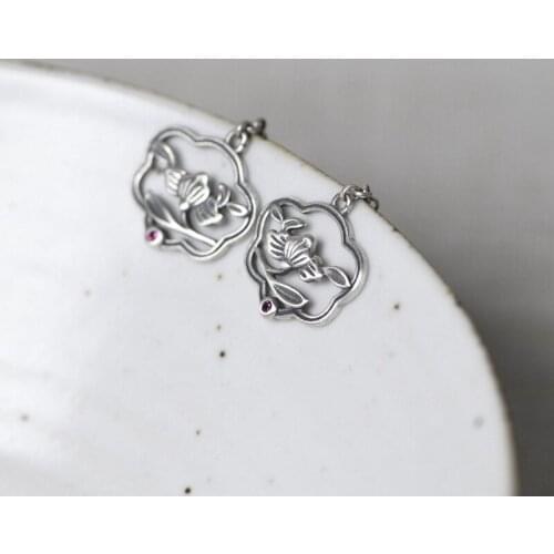 FNJ Peony Earrings 925 Silver Original Pure S925 Sterling Silver Drop Earring for Women Jewelry Romantic Flower