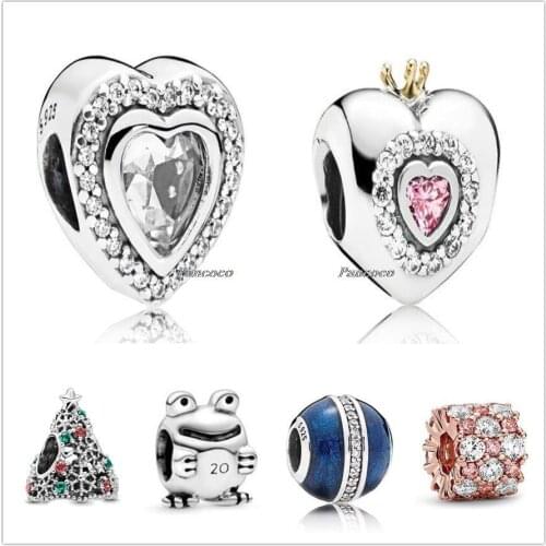 Authentic 925 Sterling Silver Princess Heart With Pink Crystal Beads Fit Women Pandora Bracelet & Necklace Jewelry