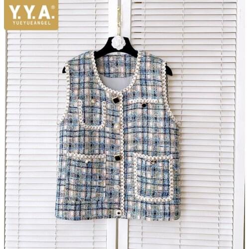 Women Vintage Plaid Tweed Vest Designer O-Neck Single Breasted Sleeveless Jackets Fashion Office Lady Streetwear Waistcoat