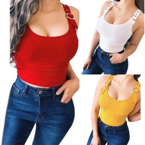 Vest 2020 New Fashion Women Lady Female Sexy Camisole Low-cut Neck Buckle Adjustable Straps Slim Ribbed Vest Top Summer Sexy Top
