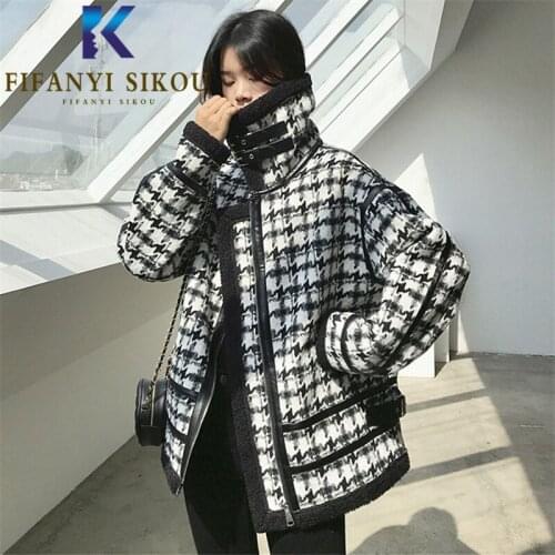 Winter Jacket Women Thick Warm Lambs Wool Jacket Zipper Lapel Fashion Plaid Black Biker Coat Female High Quality Loose Outerwear