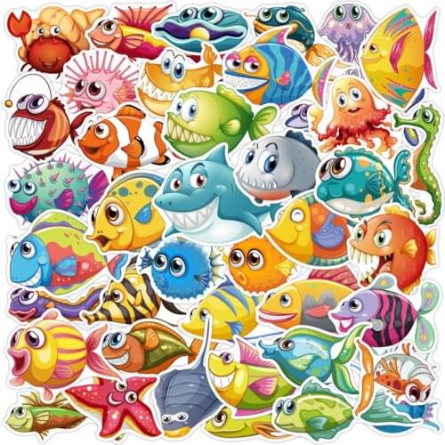 50PCS Cartoons Ocean World Fish Octopus Stationery PVC Stickers For Phone Laptop Funny Graffiti Sticker Decals Kid Toy Stickers