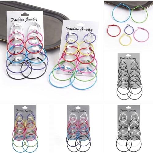 12pcs /lotFashion Oversize Big Circle Hoop Earring Set Silvery Women Simple Punk Brincos Round Earrings Party Jewelry Gift