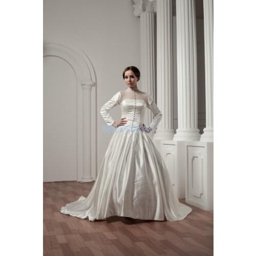 Free shipping really pictures dresses long sleeve with jacket small train botton white/ivory Mother of the Bride Dress