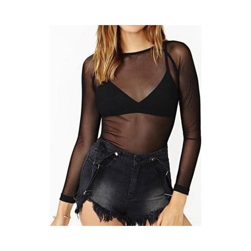 Black Full Transparent Net Yarn Bottoming Shirt Womens Long-sleeved Sexy Slim See-through Thin Net Shirt Super Stretch Gauze