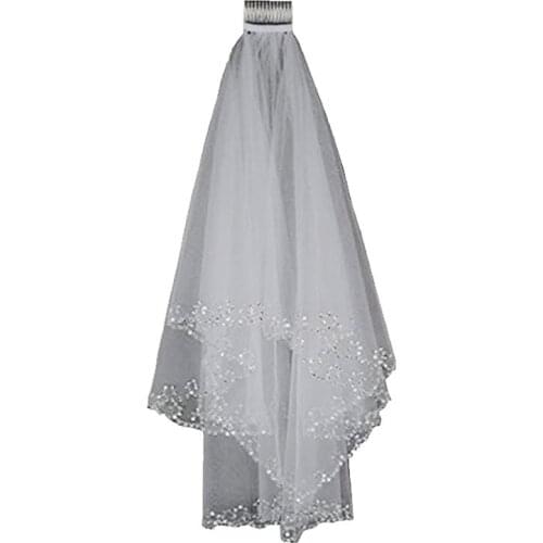 Two Layer Beaded Edge Short Wedding Bridal Women Bride Veil with Comb