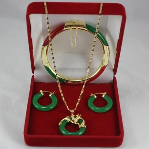 Elegant 7.5" green and red Jades bracelet, green jades earings and 18kgp dragon pendant fashion jewelry for lady